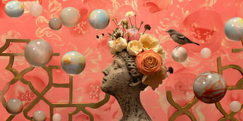 Surreal Bust with Floral Headdress and Ethereal Orbs on Coral Background