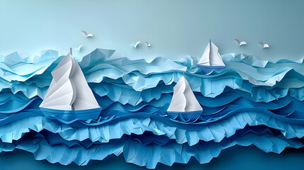 A paper art seascape, with boats and waves made from various shades of blue and white paper on a navy background