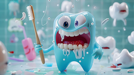 Heroic Tooth Character Defending Oral Health from Bacterial Villains with Toothbrush and Floss - obrazy, fototapety, plakaty