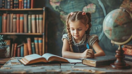 Little girl sitting at a desk in a library, writing in a book. - obrazy, fototapety, plakaty