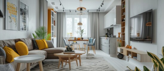 Fototapeta na wymiar Bright and roomy apartment designed in Scandinavian style