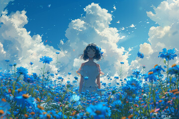 anime girl in a field of flowers, looking directly into the camera