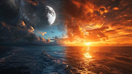 A captivating image showcasing the transition from day to night,  with the left side filled with the warm hues of sunrise and the right side bathed in the cool light of moon and stars - obrazy, fototapety, plakaty