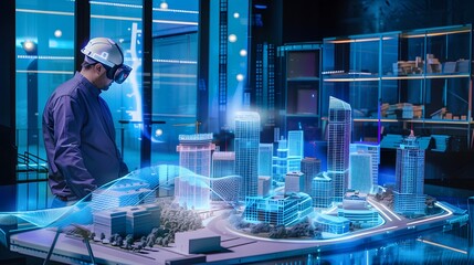 AR augmented virtual reality architecture future city planning, engineer VR glasses construct digital cityscape model, interactive building plan BIM