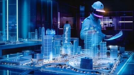 AR augmented virtual reality architecture future city planning, engineer VR glasses construct digital cityscape model, interactive building plan BIM