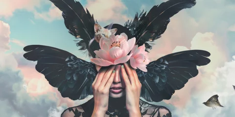 Foto op Plexiglas Surreal Woman with Bird Wings and Floral Mask in Dreamy Sky © inspiring 