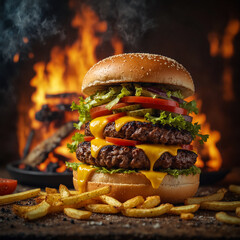 A juicy and delicious hamburger cooked over a wood fire. Ready to be eaten with french fries and other toppings. Product and brand placement can be done on the image.