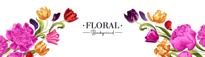 Vector horizontal banner on a light background with pink peonies and multicolored tulip flowers. Spring botanical design for social media banners, advertising, cosmetic, spa, perfume packaging design.