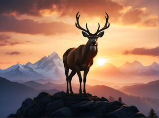 This composition features a proud deer atop a rock formation, with a breathtaking sunset over snow-capped mountains in the background