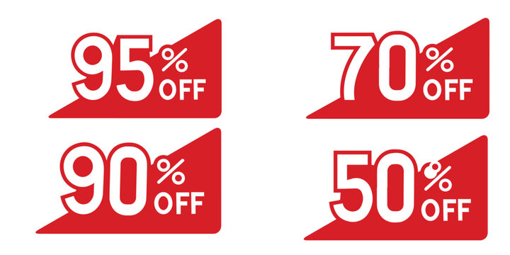 Different percent discount sticker discount price tag set. 50%, 70%, 90%, 95% Discount. Sale tags set vector badges template. Sale offer price sign. Special offer symbol. Discount promotion.