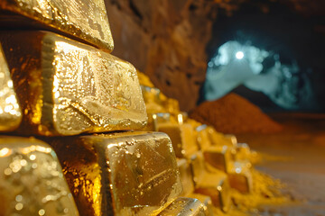 Gold bars are placed in gold mine, the discovery and increasing demand for gold, one of the world's most traded commodities and hedging or safe asset