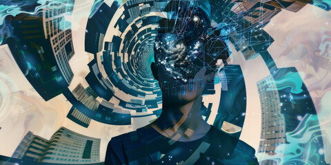 Futuristic Cityscape and Human Silhouette with Digital Brain Interface - obrazy, fototapety, plakaty