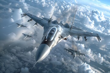 A squadron of modern fighter jets flying above the clouds