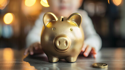 Golden piggy bank with kid behind, savings and investing from a young age for financial freedom - obrazy, fototapety, plakaty