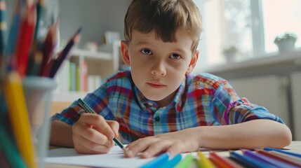 A boy is drawing with colored pencils while sitting at a table.