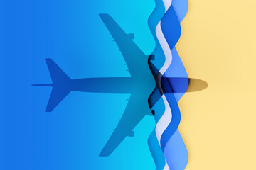 Shadow of a commercial airplane projected on a paper craft cutting beach having blue waves and white foam. Illustration of the concept of travel by air, tourist destination and airlines