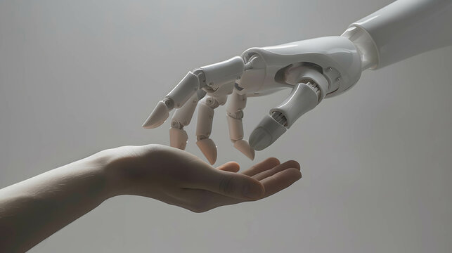 Hand of human and robot or artificial Intelligence connecting data information, machine learning technology