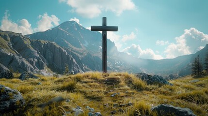 Lonely cross with mountains in the background