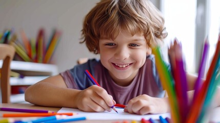 Smiling boy drawing with colored pencils