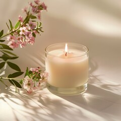 A lit candle in a glass jar next to a branch with pink flowers.