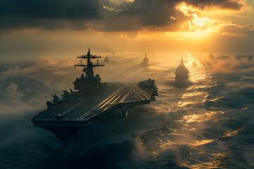Aircraft carrier and destroyer floating in the middle of the open sea - obrazy, fototapety, plakaty