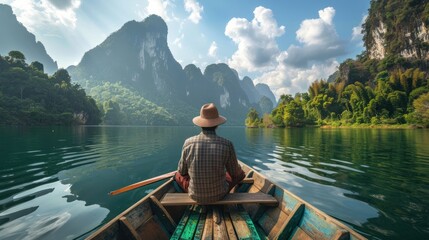 Asian man relaxing on a boat in Cheow Lan Lake - obrazy, fototapety, plakaty