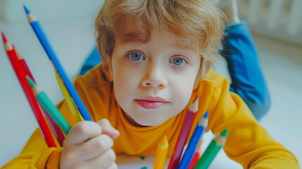 Cute little boy with blond hair and blue eyes lying on the floor and holding a bunch of colored pencils - Powered by Adobe