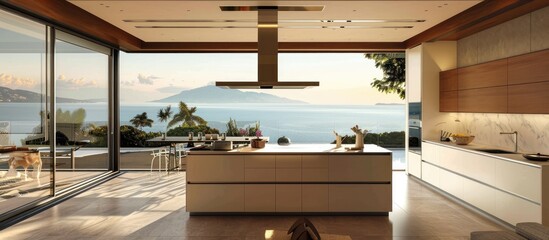A contemporary kitchen with an island that opens out onto a terrace.