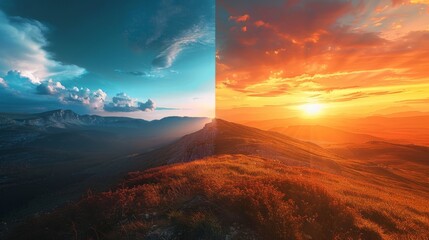 A breathtaking landscape divided into two halves,  with one side filled with the soft colors of sunrise and the other side bathed in the darkness of night
