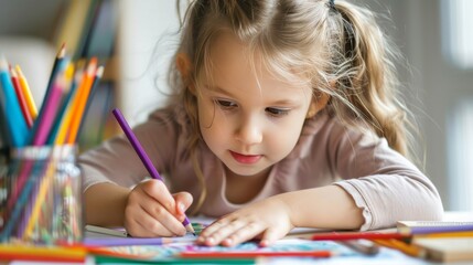 Little girl drawing with colored pencils