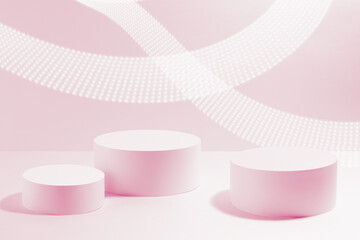 Abstract pink scene mockup - three round pink cylinder podiums, dotted glowing light waves. Template for presentation cosmetic products, goods, advertising, design, display, showing in spring style.