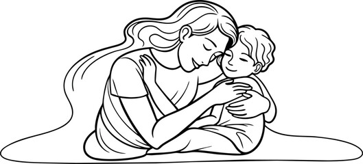 Heartwarming Line Art Depicting the Unbreakable Connection Between a Mother and Her Son on Mother's Day