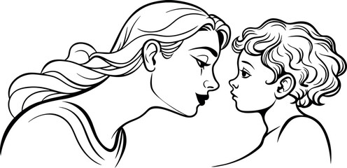 Heartwarming Line Art Depicting the Unbreakable Connection Between a Mother and Her Son on Mother's Day