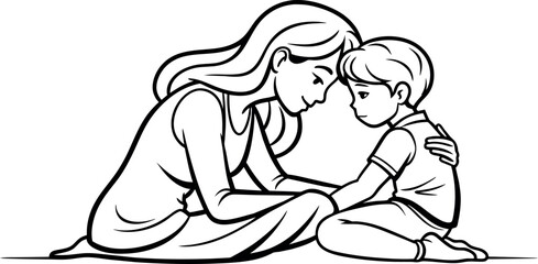 Heartwarming Line Art Depicting the Unbreakable Connection Between a Mother and Her Son on Mother's Day