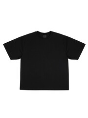 Black cotton t-shirt mockup with black empty label isolated on white background, top view, front view..