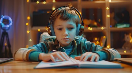 boy wearing headphones while reading a book