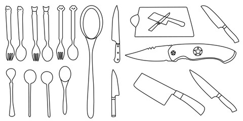 Line Drawing. Spoons, Knife Cooking Utensils Line Art Style for Logos, Business Cards, Banners. Black and White Minimalist Vector illustration