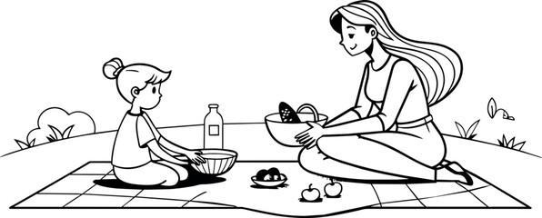 A mother and child enjoying a picnic in the sun, depicted in continuous line art.
