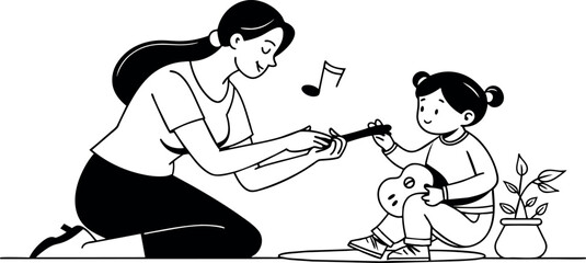 A mother teaching her child how to play a musical instrument, in continuous line art