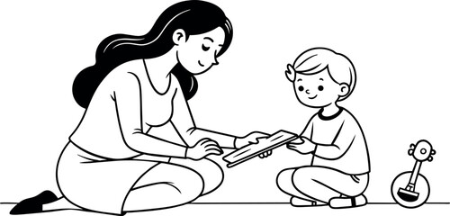 A mother teaching her child how to play a musical instrument, in continuous line art.