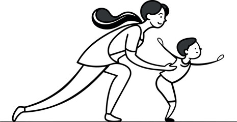 A mother giving her child a piggyback ride, depicted in continuous line art.