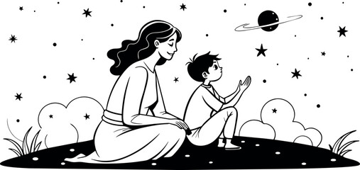 A mother and child stargazing together, rendered in continuous line art