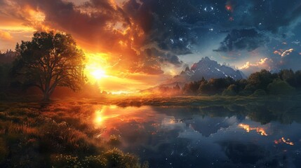 An enchanting landscape divided between the warmth of morning and the coolness of night,  each side inviting viewers to explore the beauty of the scene - obrazy, fototapety, plakaty