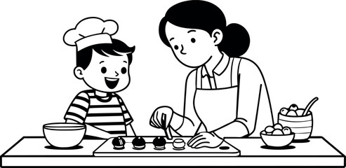 A mother and child baking cookies or cupcakes, portrayed in continuous line art.