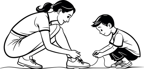 A mother tying her child's shoelaces, rendered in continuous line art