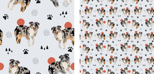 Australian Shepherd dog pattern. Square background with pets, repeatable wallpaper, tiles in two scales. Seamless pattern with aussie. Traditional color smiling shepherd dogs, holiday gift. Hand-drawn
