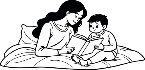 A mother reading a bedtime story to her child, illustrated in continuous line art
