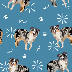 Australian Shepherd dog creative. Square background, repeatable pattern, tile.Seamless pattern with dogs, abstract shapes, paws. Australian Shepherd Color Patterns, several types, on a blue background