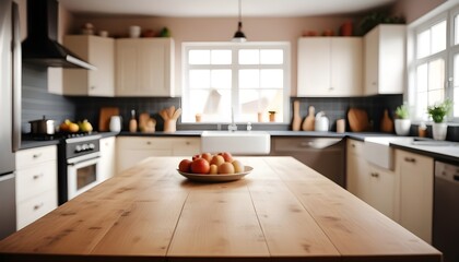 Table top and blurred kitchen room as background