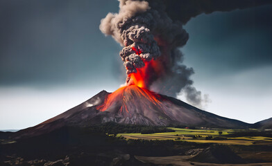 Spectacular volcano eruption with lava floating from the mountain and black smoke rising to the sky. - 788423156